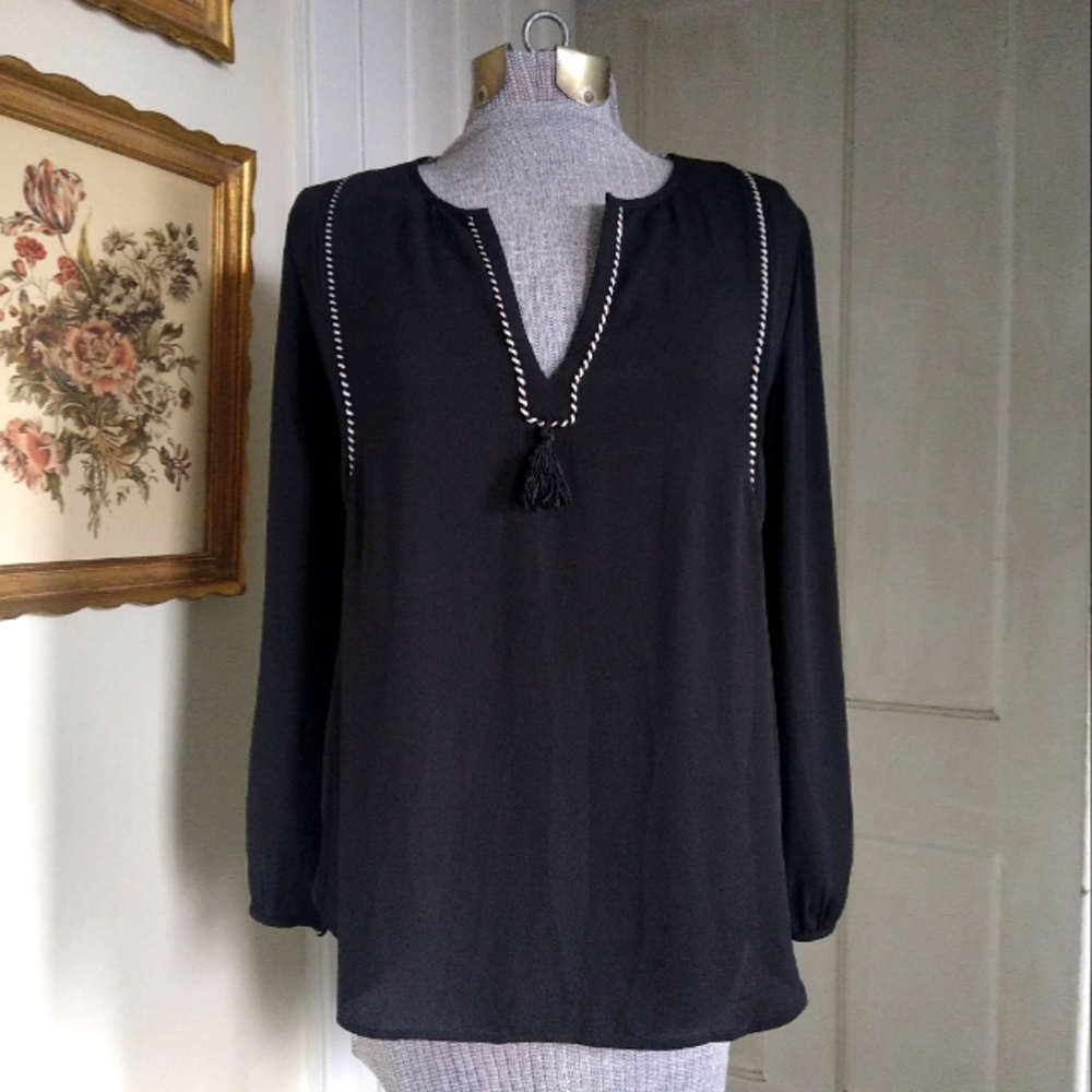 J. CREW Black Long Sleeve Blouse with Black and White Rope trim